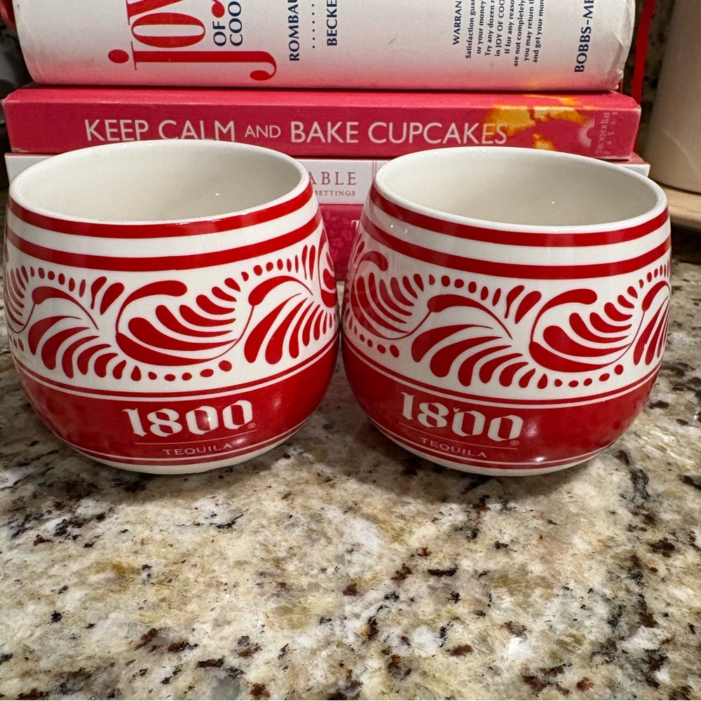 Set of two 1800 Tequila Ceramic Cups Design Barware~Limited edition.Red & white